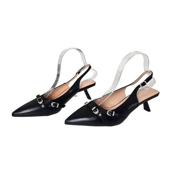 Womens Formal Black Slingback Pointed Toe Kitten Heels Buckle Detail Size 7.5" - Picture 8 of 10